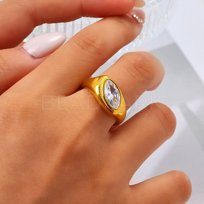 304 Stainless Steel Pave Single Clear Cubic Zirconia Finger Rings WG09684-01-1