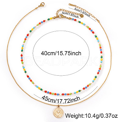 Boho Colorful Glass Seed Beaded Double Layer Necklaces with Stainless Steel Religion Saint Benedict Medal Pendant OL9548-1-1