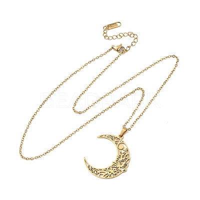 304 Stainless Steel Hollow Flower Moon Pendant Cable Chain Necklaces for Men Women NJEW-K308-01A-G-1