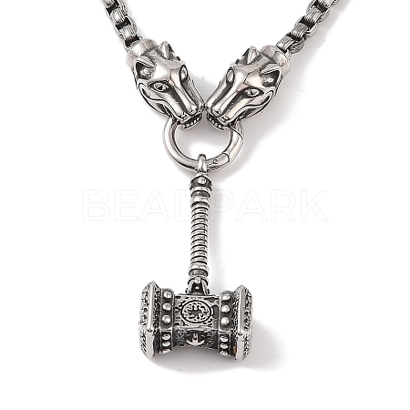 304 Stainless Steel Tiger Head King Box Chain Viking Mjolnir Thor Hammer Pendant Necklaces for Men NJEW-K378-04AS-1