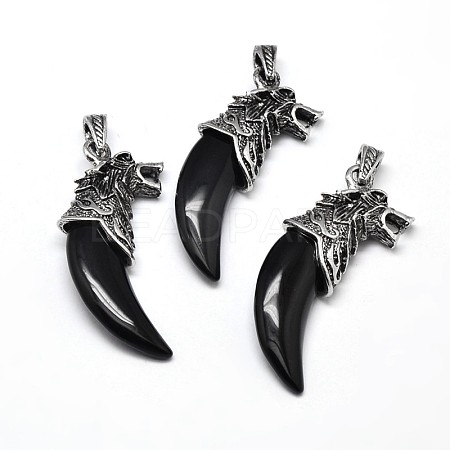 Tusk Shape with Wolf Antique Silver Zinc Alloy Natural Obsidian Big Pendants G-F228-63B-FF-1