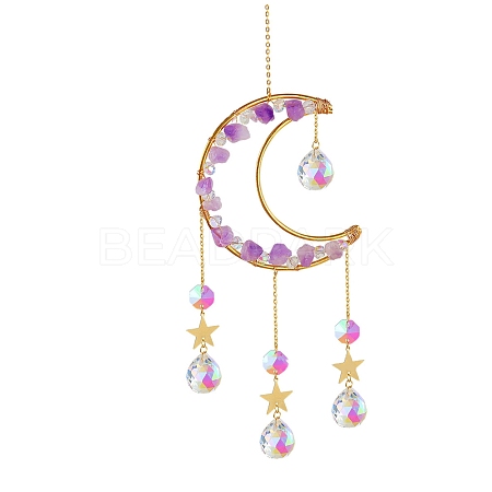 Natural Amethyst Chips Moon & Glass Teardrop Suncatchers LS-PW-WG75240-03-1