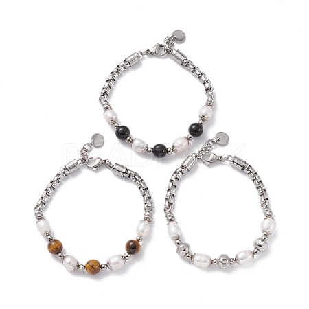 Round Mixed Gemstone & Natural Pearl Beaded Bracelet for Girl Women BJEW-F418-07-1