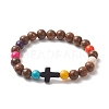 Dyed Synthetic Turquoise Cross & Wood Round Beaded Stretch Bracelet for Women BJEW-JB09276-4