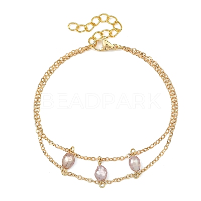 Brass Cable Chains & Rice Natural Cultured Freshwater Pearl Double Layers Bracelets for Women BJEW-JB14135-1