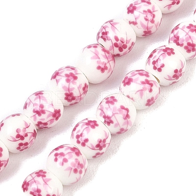 Handmade Flower Printed Porcelain Ceramic Beads Strands X-PORC-M005-8mm-03-1