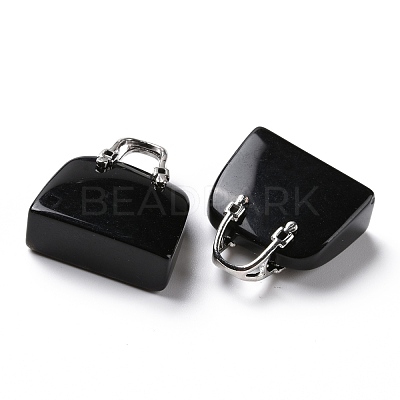 Natural Black Obsidian Brass Pendants KK-E274-01P-011-1