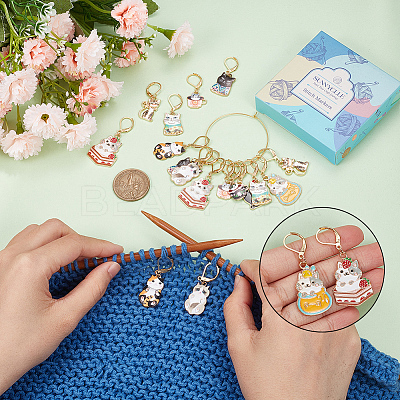 20Pcs 10 Style Alloy Enamel Cat Charm Locking Stitch Markers HJEW-SC0001-29-1