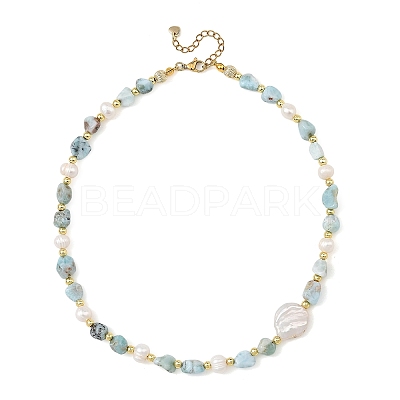 Natural Larimar Nuggets & Natural Cultured Freshwater Pearl & Keshi Pearl Coin Beaded Bracelets NJEW-JN06574-02-1