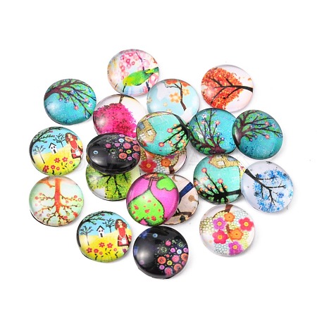 Tree of Life Printed Half Round/Dome Glass Cabochons GGLA-A002-12mm-GG-1