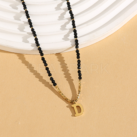 Stainless Steel Initial Pendant Faceted Round Natural Black Spinel Beaded Necklaces for Women ZD9259-4-1