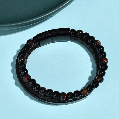 Natural Tiger Eye & Glass Round Beaded Bracelets BJEW-G732-02B-1