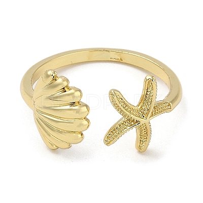 Shell Shape & Starfish Rack Plating Brass Cuff Finger Rings for Women RJEW-C114-07G-1