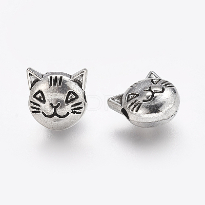 Tibetan Style Antique Silver Cat Head Alloy Beads X-TIBEP-GC178-AS-RS-1