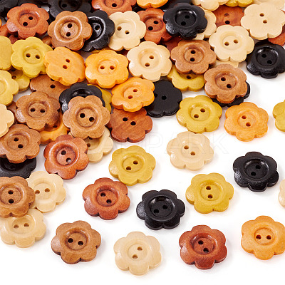 120Pcs 6 Colors 2-Hole Wood Flower Buttons BUTT-TA0001-40C-1