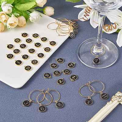 DIY Wine Glass Charms Making Kits, Including Brass Wine Glass Charm Rings,  Number & Alphabet & Constellation Alloy Enamel Pendants, Black, 148Pcs/box