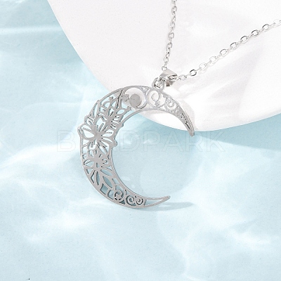 304 Stainless Steel Hollow Flower Moon Pendant Cable Chain Necklaces for Men Women NJEW-K308-01A-P-1