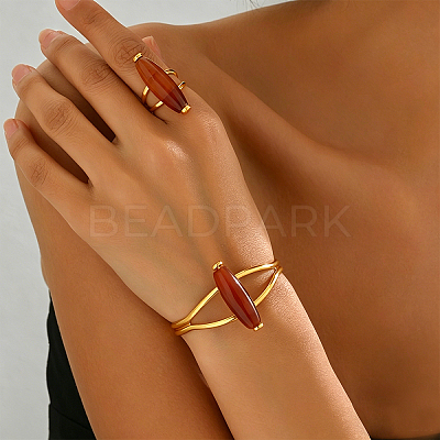 Bohemian Style Horse Eye Natural Agate & Metal Cuff Bangle & Ring Set for Women Party and Evening Wear ZI1822-6-1