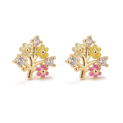 Colorful Enamel Flower of Life Stud Earrings with Cubic Zirconia EJEW-G288-30G-1
