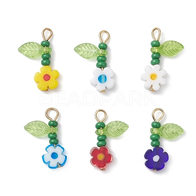 6Pcs 304 Stainless Steel Glass Beaded Flower Pendants PALLOY-MZ01117-1
