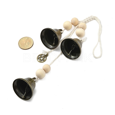 Iron Bell & Alloy Flat Round with Star Pattern Charm Hanging Ornaments HJEW-JM02470-1