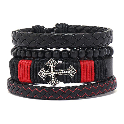 4Pcs 4 Styles Wood Beads Stretch Braceletas & Alloy Artificial Leather Cord Bracelet Sets for Men FS-WG9743B-09-1