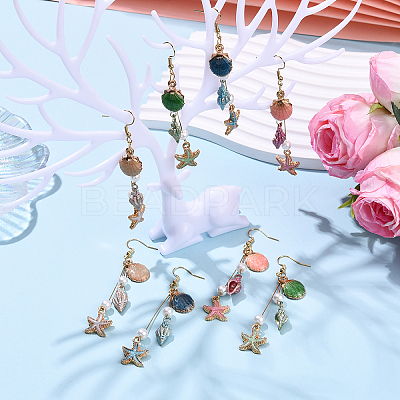 304 Stainless Steel Starfish with Shell Shape Dangle Earrings EJEW-YW00012-01-1