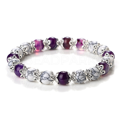 Natural Banded Agate Dyed & Howlite Round Beaded Stretch Bracelets for Women JT2459-5-1