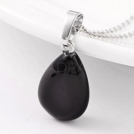 Teardrop Platinum Tone Brass Dyed & Heated Black Agate Pendants G-F267-02E-1
