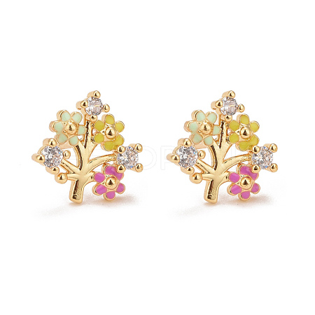 Colorful Enamel Flower of Life Stud Earrings with Cubic Zirconia EJEW-G288-30G-1