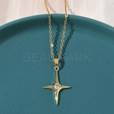 Brass Pave Clear Cubic Zirconia Star Pendant 304 Stainless Steel Chain Necklaces for Women NJEW-D341-07G-1