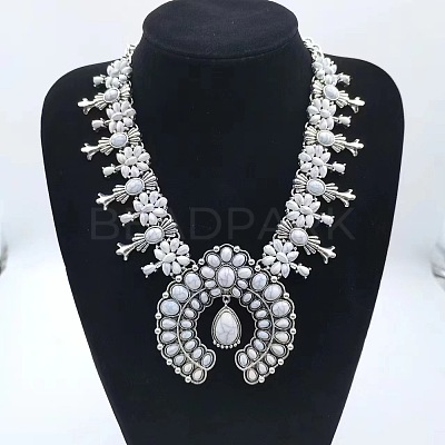 Alloy & Synthetic Turquoise Boho Flower Squash Bib Necklaces for Women FS-WGADD2A-02-1