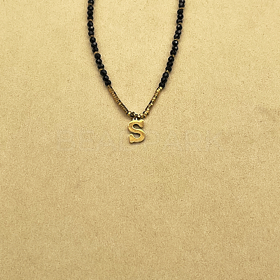 Stainless Steel Initial Pendant Faceted Round Natural Black Spinel Beaded Necklaces for Women ZD9259-19-1