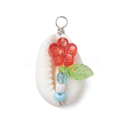 Natural Cowrie Shell & Acrylic & Glass Seed Beads Flower Shell Shaped Pendants PALLOY-JF03819-1