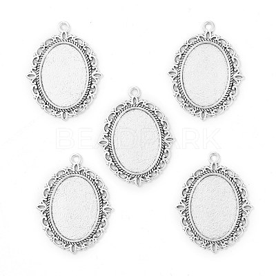 Tibetan Style Antique Silver Alloy Flat Oval Pendant Cabochon Settings X-TIBEP-M022-20AS-1
