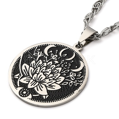 201 Stainless Steel Lunar Lotus Talisman Pendant Necklaces NJEW-S007-21P-1