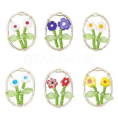 6Pcs 6 Colors Glass Seed Beaded & Handmade Millefiori Glass Pendants PALLOY-MZ00901-1