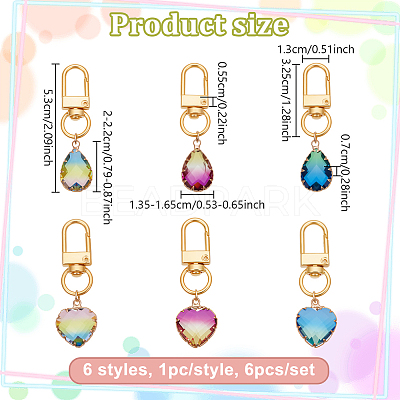 6Pcs 6 Styles Heart/Teardrop K9 Glass Imitation Tourmaline Pendants Decoration HJEW-NB00204-1