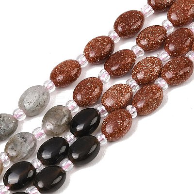 Cherry Quartz Glass & Natural Labradorite & Synthetic Goldstone & Obsidian Beads Strands G-Z135-A04-1