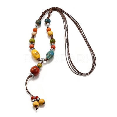 Ethnic Style Alloy & Porcelain Ceramic Beads Round Pendant Tassel Y Necklaces NJEW-D308-01A-1