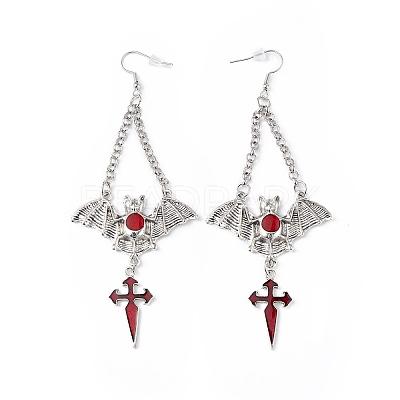 FireBrick Enamel Bat with Cross Pendant Necklace & Dangle Earrings SJEW-G081-03AS-1