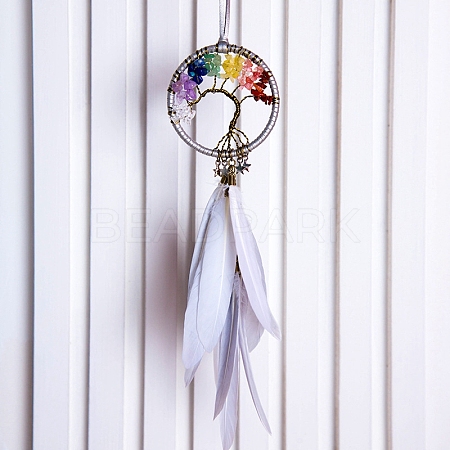 Tree of Life Wrapped Natural Gemstone Chips Woven Web/Net with Feather Decorations PW-WG38597-03-1