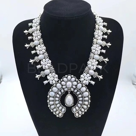Alloy & Synthetic Turquoise Boho Flower Squash Bib Necklaces for Women FS-WGADD2A-02-1