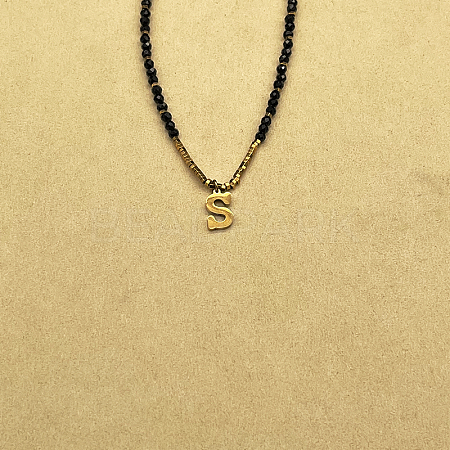 Stainless Steel Initial Pendant Faceted Round Natural Black Spinel Beaded Necklaces for Women ZD9259-19-1