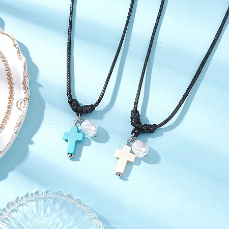 2Pcs 2 Colors Adjustable Dyed Synthetic Turquoise with Round Plastic Imitation Pearl Cross Pendant Black Waxed Polyester Cord Necklaces for Women NJEW-JN05384-1