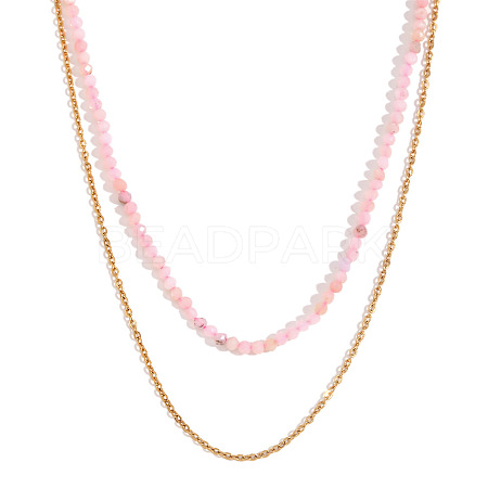 18K Gold Plated Stainless Steel & Natural Pink Opal Beaded Double Layer Necklaces for Women QW1726-4-1