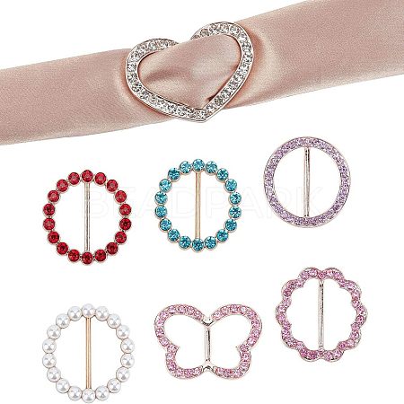 7Pcs Flower & Flat Round & Butterfly & Heart Alloy Rhinestone Buckles JEWB-NB0001-11-1