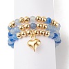 3Pcs 3 Style Natural Gemstone & Brass Beaded Finger Rings with 304 Stainless Steel Heart Charms for Women RJEW-JR00471-4