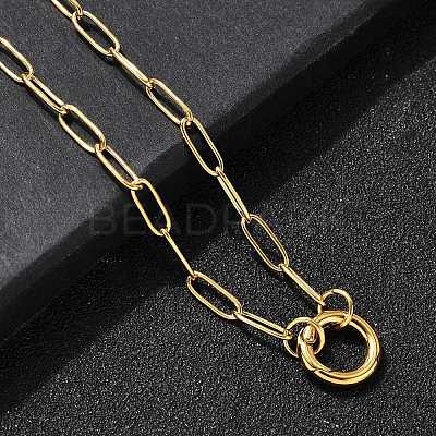 304 Stainless Steel Ring Pendant Paperclip Chain Necklaces for Women NJEW-Z091-02G-1