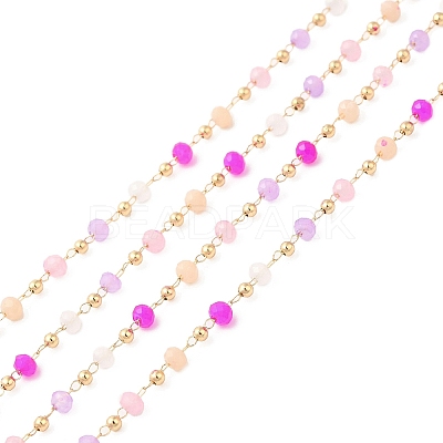Faceted Rondelle Glass & Round 304 Stainless Steel Beaded Chains CHS-G026-01KCG-01-1
